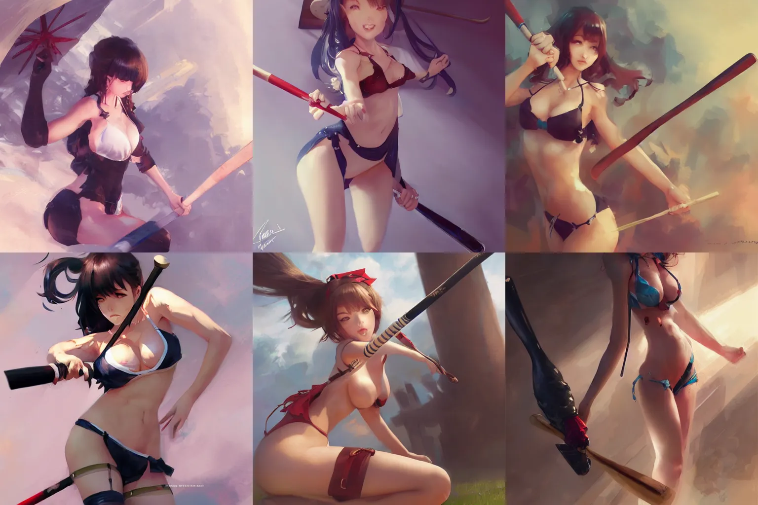 Prompt: bikini maid swinging a bat, krenz cushart, Craig Mullins, sakimichan, artgerm, wlop, guweiz