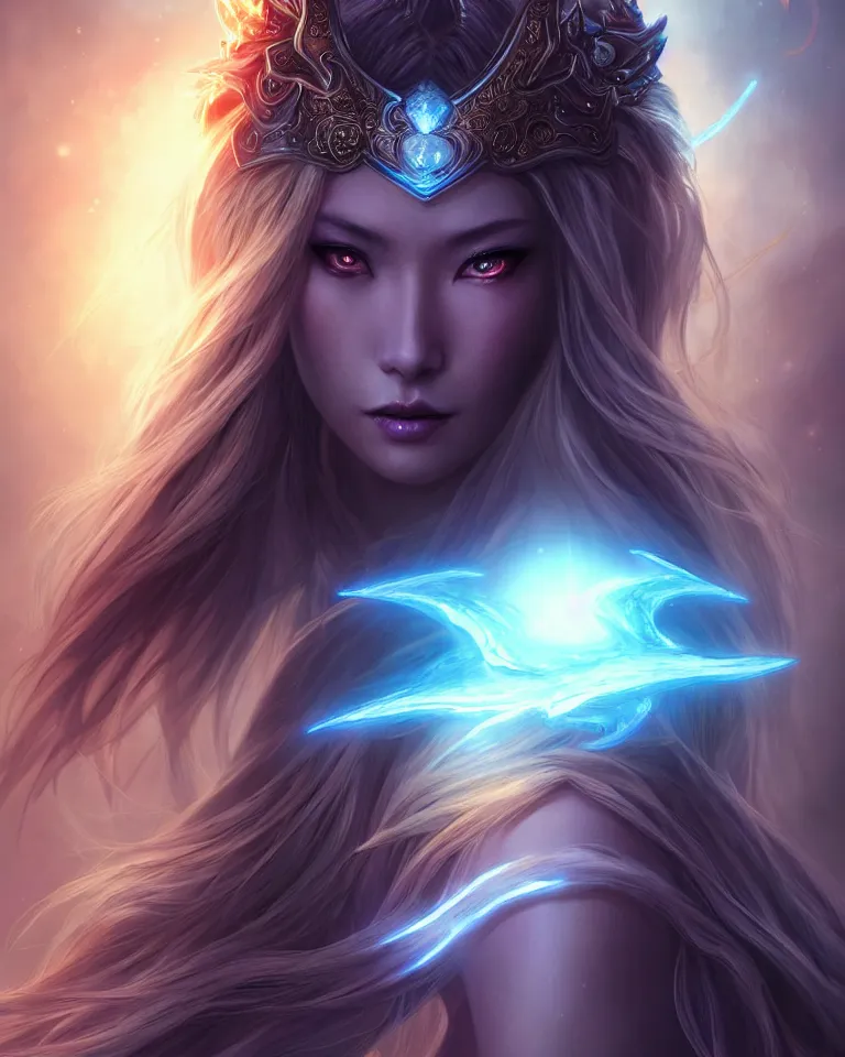 Image similar to beautiful cinematic fantasy poster, asian goddess of light and love, beautiful glowing galaxy eyes, hybrid from The Elden Ring and art direction by Darius Zawadzki ;by artgerm; wayne reynolds art station; cinematic quality character render; low angle; ultra high quality model; production quality cinema model;