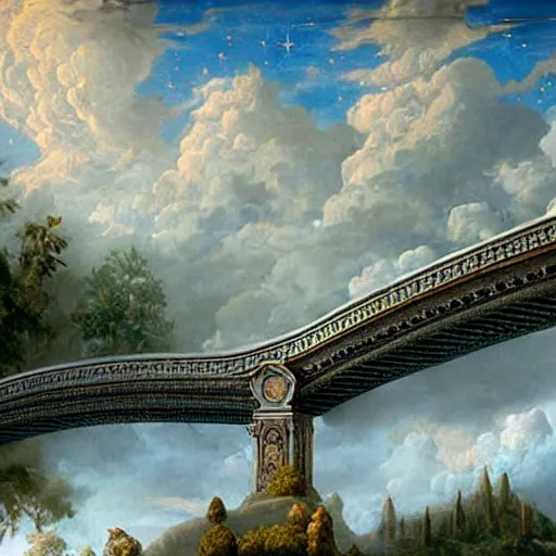 Image similar to bridge leading to an ornate palace in the clouds hyperrealistic fantasy-H 768