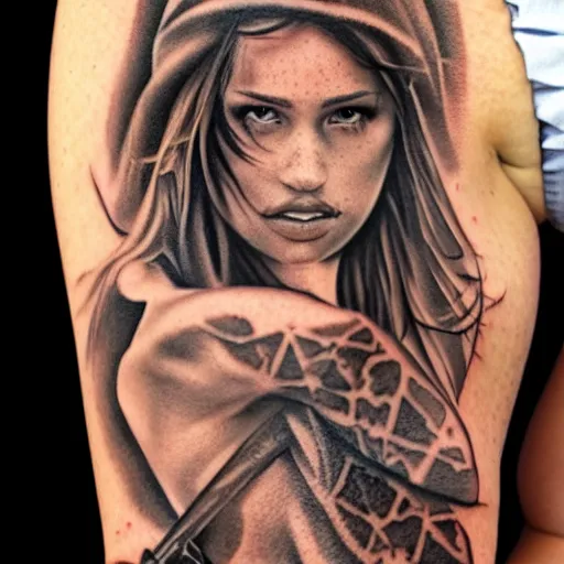 Image similar to girl with tattoo, realistic detailed shading, photo, robin elay