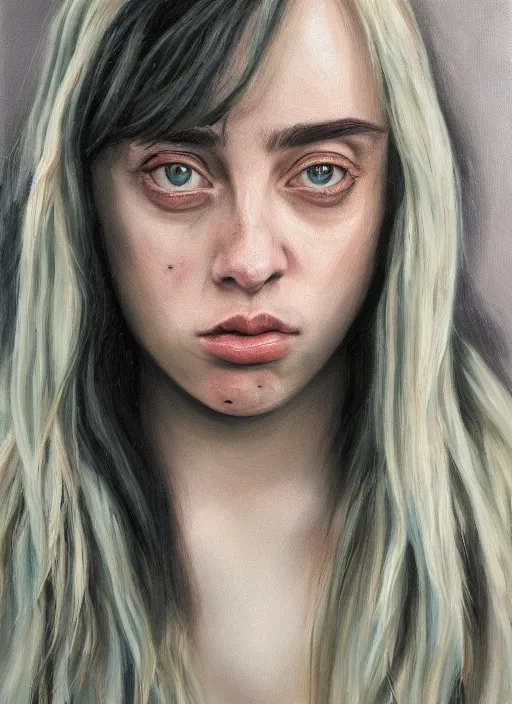 Image similar to realistic oil painting highly detailed billie eilish looking at you, dark background