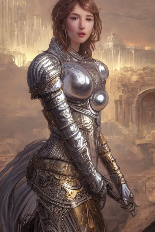 Image similar to portrait knights of Zodiac girl, silver and ice color reflected armor, in ruined Agora of Athens, ssci-fi, fantasy, intricate, very very beautiful, elegant, golden light, highly detailed, digital painting, artstation, concept art, smooth, sharp focus, illustration, art by tian zi and WLOP and alphonse mucha