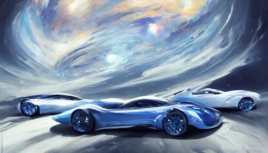 Image similar to white and royal blue luxurious concept sportscar driving down on a luxurious road on interstellar solar system with nearby planets seen from the distance, advanced highway, star trek style, by peter mohrbacher, jeremy mann, francoise nielly, android james, ross tran, beautiful, award winning scenery, 8 k quality, clean details, serene, sakura season