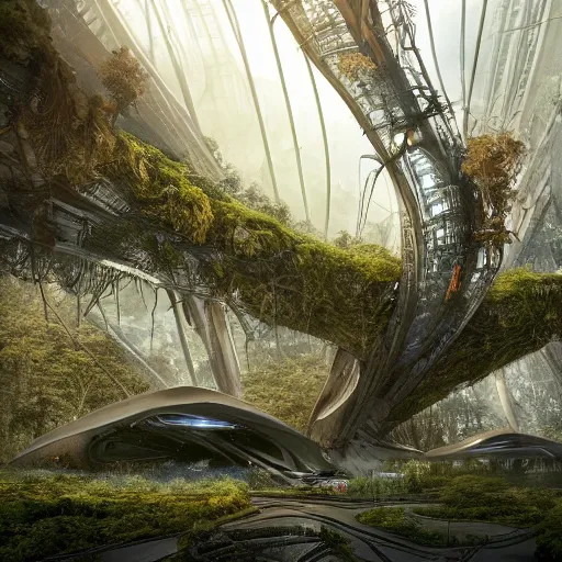 Prompt: future city covered by forest creature, trees, plant, broken buildings, doom of the gods, monster, gravity mess, star trek, glory war, photograph, cinematic matte painting, zaha hadid building, photo realism, desolate glacial landscape