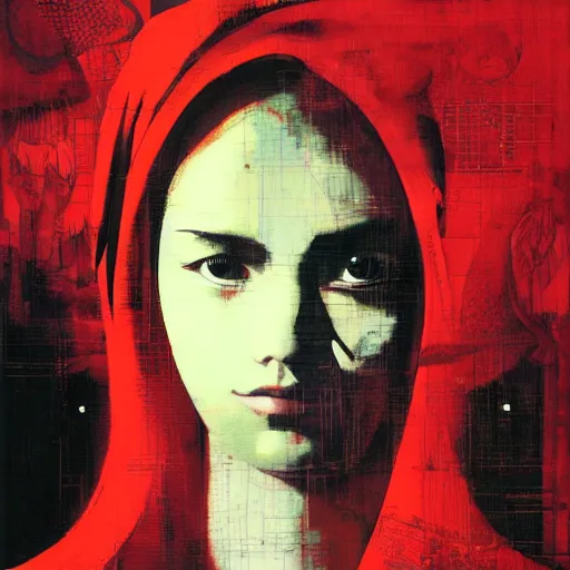 Image similar to portrait of a daydreaming melancholic latin woman in red monk habit being progressively rasterized into pixels from another world, she is surrounded by digital birds, oil on canvas by yoji shinkawa, esao andrews, dave mckean and stina persson
