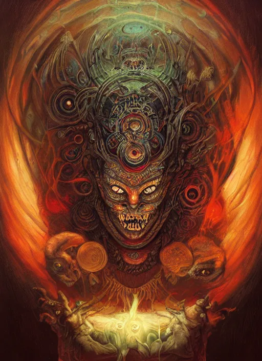 Image similar to occult demon glowing eyes, shamanic poster lsd art, intricate, elegant, highly detailed, centered, digital painting, artstation, concept art, smooth, sharp focus, illustration, artgerm, tomasz alen kopera, peter mohrbacher, donato giancola, joseph christian leyendecker, wlop, frank frazetta