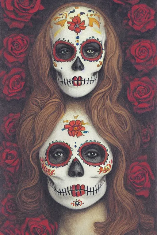 Prompt: Illustration of a sugar skull day of the dead girl, art by alphonse osbert