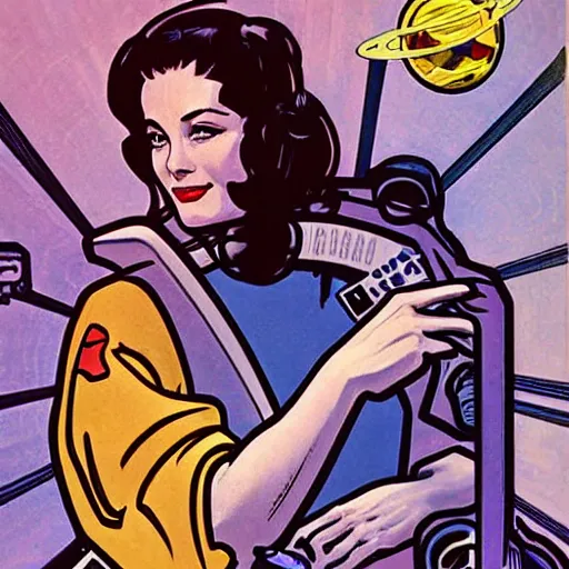 Image similar to a woman with straight brown hair, floating in space. she is an astronaut, wearing a space suit. well composed, clean elegant painting, beautiful detailed face. comic book art by steve ditko and jack kirby and ( alphonse mucha )