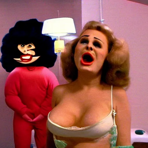 Prompt: bored housewife meets a man with an inflatable cartoon face in a seedy motel room, 1982 color Fellini film, archival footage, technicolor film, 16mm, live action, John Waters, wacky children's tv comedy