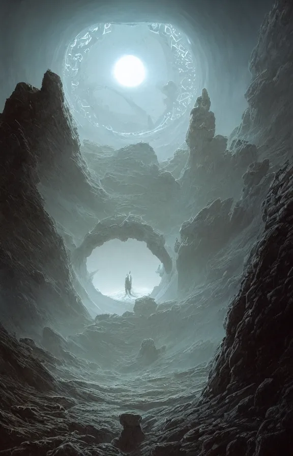 Image similar to ancient singular portal into godhood flickers omniously on a barren hellish exoplanet, philosophical concept illustrated by James Gurney and Zdislaw Beksinski and Dariusz Zawadski and Greg Rutkowski and Jeffrey Smith, dramatic lighting, ultra HD, HDR, 8k