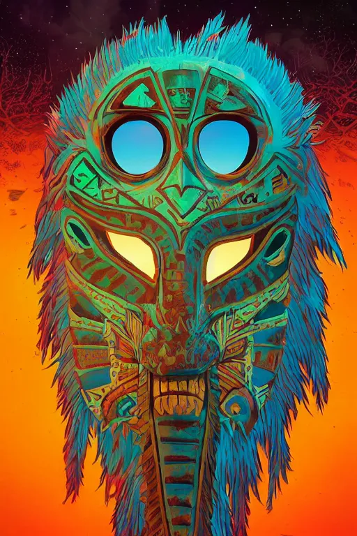 Image similar to totem animal tribal chaman vodoo mask feather gemstone plant wood rock video game illustration vivid color borderlands by josan gonzales and dan mumford radiating a glowing aura