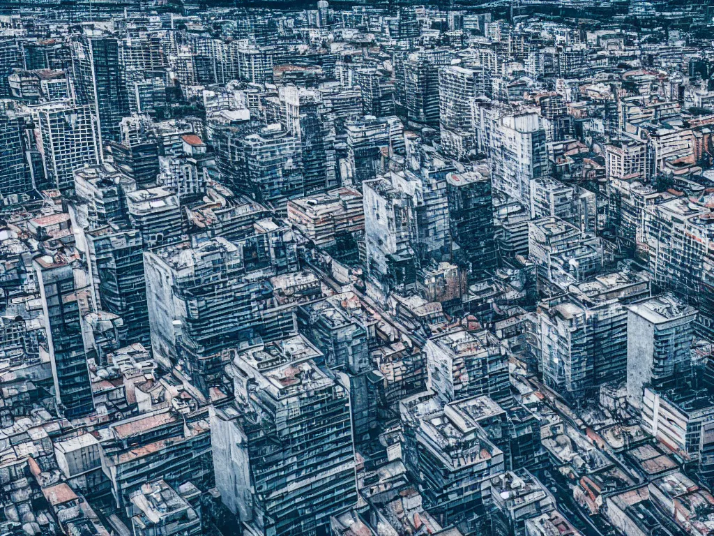 Prompt: drone view of a city, Brutalist architecture,sharp focus,telephoto lens,digital art 4k