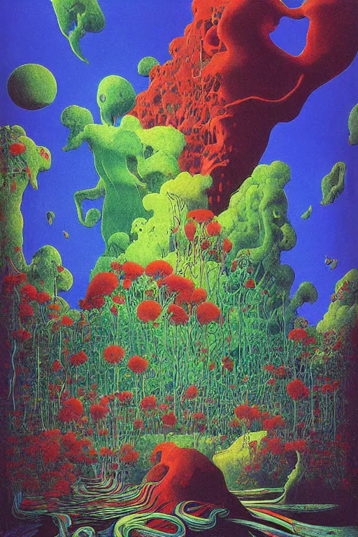 Prompt: ghibli world high contrast colourful shiny painting by zdzisław beksinski