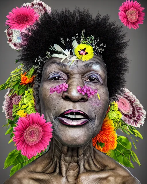 Prompt: portrait of a beautiful fleshy old black woman who is surprised she is still alive, covered in flowers in the style of guiseppe arcimboldo and james jean, covered in wispy gray hair with a hint of neon, hd 3 d,