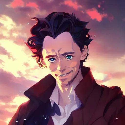 Image similar to anime portrait of Tom Hiddleston as an anime man by Stanley Artgerm Lau, WLOP, Rossdraws, James Jean, Andrei Riabovitchev, Marc Simonetti, and Sakimichan, trending on artstation