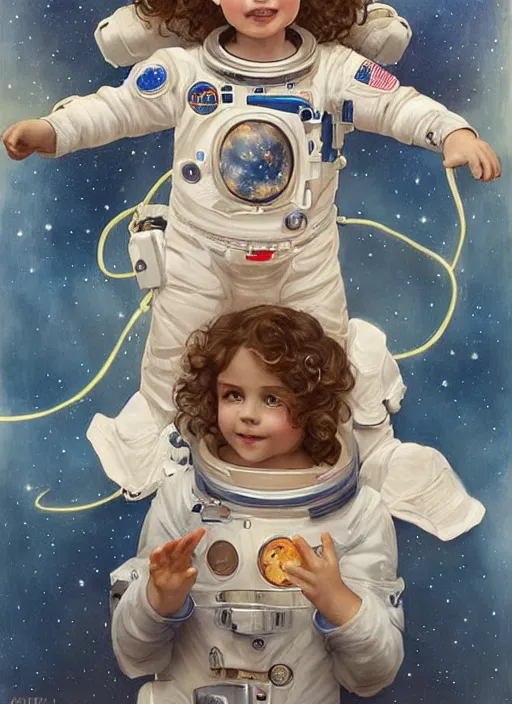 Image similar to a cute little girl with curly light brown hair and blue eyes as an astronait wearing a space suit in space, beautiful fantasy painting by artgerm and greg rutkowski and alphonse mucha