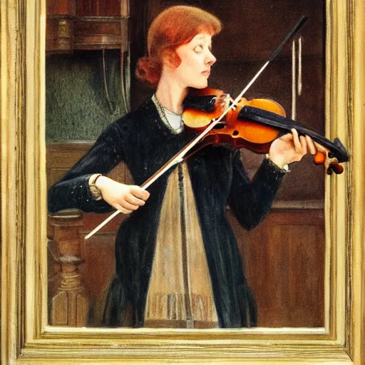 Prompt: A young edwardian woman playing a violin inside a church, in the style of carl larsson