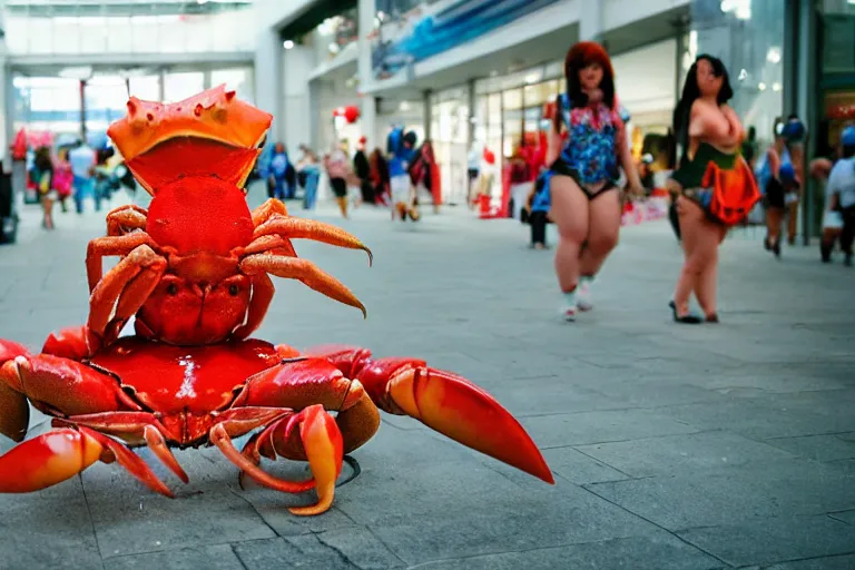 Image similar to a cosplayer cosplaying as a cute crab, in 2 0 0 2, at a mall, street style, royalcore, low - light photograph, photography by tyler mitchell