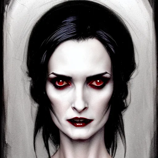 Image similar to gorgeous female Winona Ryder vampire sharp teeth in a confident dress, realistic character concept, medium shot, elegant pose, horror, illustration, slender symmetrical face and body, symmetrical eyes, artstation, cinematic lighting, hyperdetailed, Tom Bagshaw, Rafael Albuquerque, Norman Rockwell, single face, insanely detailed and intricate, beautiful, elegant, dark blue background