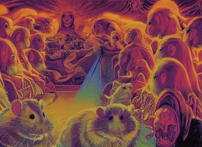 Image similar to psychedelic art of hamsters meeting god, in the style of michael whelan and james gurney and wayne barlowe