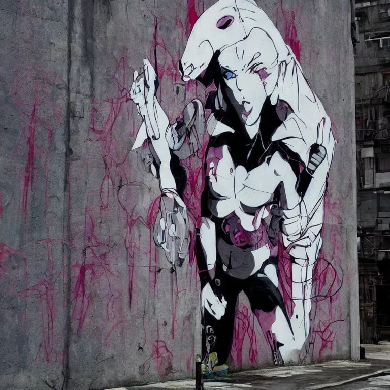 Prompt: Street-art painting of ghost in the shell is style of Banksy, photorealism