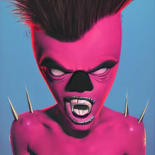 Image similar to a pink punk rock rapper alien with black spiked hair, an airbrush painting by Jamie Hewlett, cgsociety, symbolism, antichrist, aesthetic, 8k