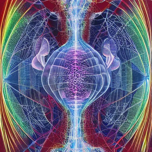 Prompt: map of the multiverse, painting by Alex Grey and Hajime Sorayama