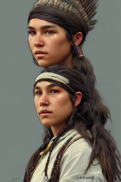 Prompt: A full portrait of a native american scout, intricate, elegant, highly detailed, digital painting, artstation, concept art, smooth, sharp focus, illustration, art by Krenz Cushart and Artem Demura and alphonse mucha