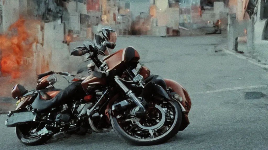 Image similar to still from a film adaptation of akira, colorgraded, motorcycle, 5 0 mm lense, vivid detail, cinematic