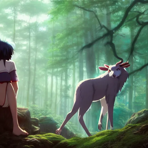 Image similar to realistic render of princess mononoke by ross draws, forest background by ilya kuvshinov, digital anime art by ross tran, composition by sana takeda, lighting by greg rutkowski