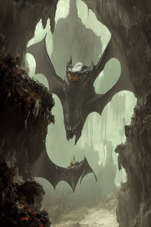 Prompt: giant bat in a limestone cave with small water puddles on the ground, lovecraftian creature, dynamic lighting, volumetric, bokeh, cinematic, establishing shot, extremly high detail, photo realistic, cinematic lighting, post processed, concept art, artstation, matte painting, style by eddie mendoza, raphael lacoste, alex ross