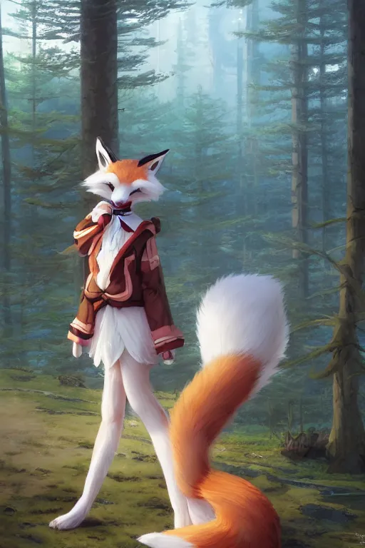 Prompt: an anthropomorphic fox girl wearing a japanese school outfit, fluffy tail, two pointed ears, beautiful lake background, illustration by greg rutkowski, thomas kindkade, loish, artstation, furaffinity, deviantart