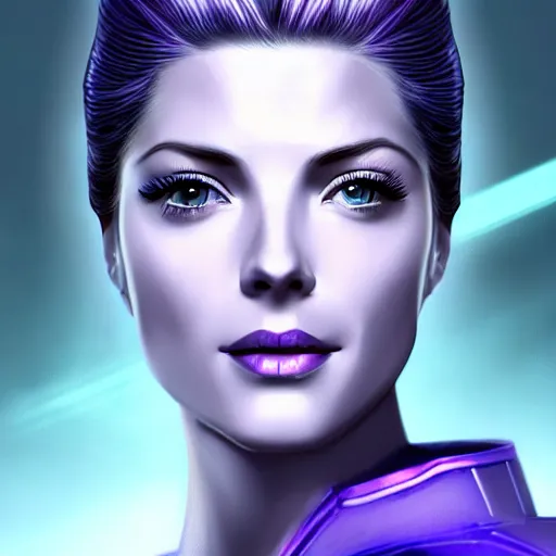 Prompt: A combination of Grace Kelly's and Katheryn Winnick's and Ashley Greene's faces with blue skin and short violet hair as Cortana from Halo, cyberpunk style, synthwave aesthetic, fantasy, intricate, elegant, highly detailed, digital painting, artstation, concept art, matte, sharp focus, illustration, half body portrait, anime style, art by Artgerm and Greg Rutkowski and Alphonse Mucha