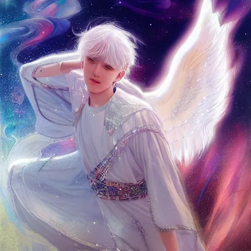 Image similar to harmony of white haired angel yoongi wearing greek clothes, muted colors, nebula background, neon sparkles everywhere, big wings, dynamic hair movement, + + + + dynamic pose, holographic space, glowing effect, j. c leyendecker, by alan lee, wlop! illustrated by starember, fantasy art by craig mullins