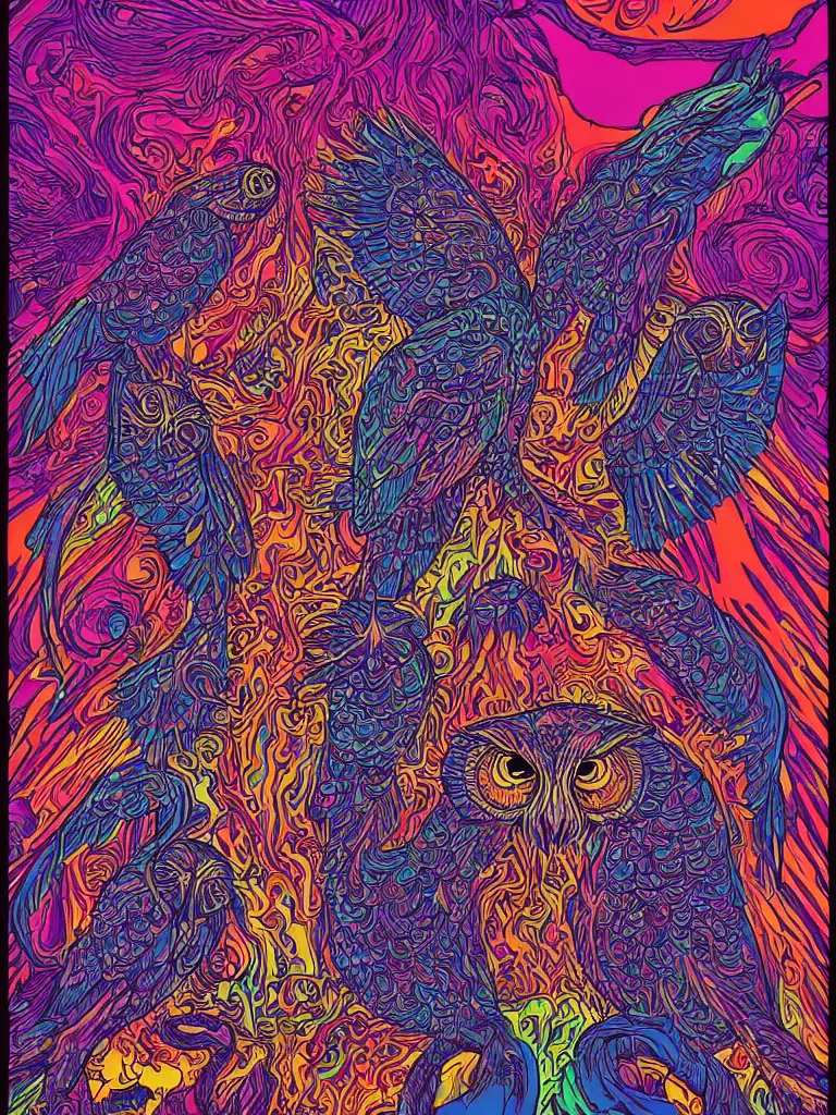 Prompt: beautiful colorful hyperrealist highly detailed psychedelic music poster'the electric owls live at the fillmore ', symmetrical full body, beautiful high contrast woodcut, moebius and charles burns comic style, shocking detail trending on artstation 8 k