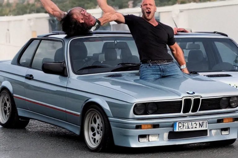 Image similar to Angry Jason Statham lifts BMW e30 in his arms,