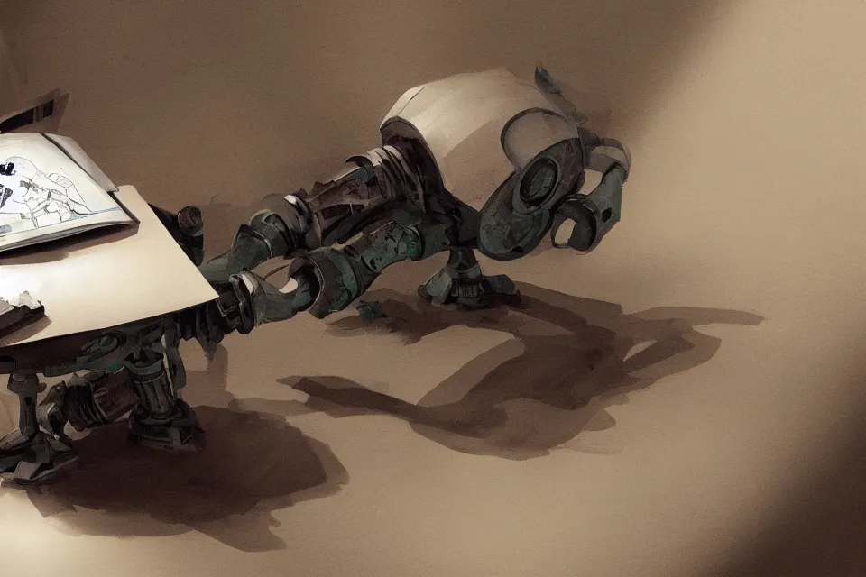 Image similar to robot coming out from the book on a table, sci-fi style, concept art