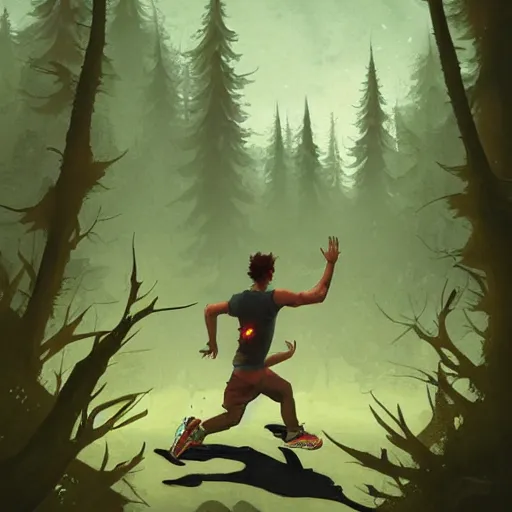 Prompt: a sporty guy runs alone through a forest with tall trees, acid-green sneakers, a photo from the back in perspective, art by Peter Mohrbacher,