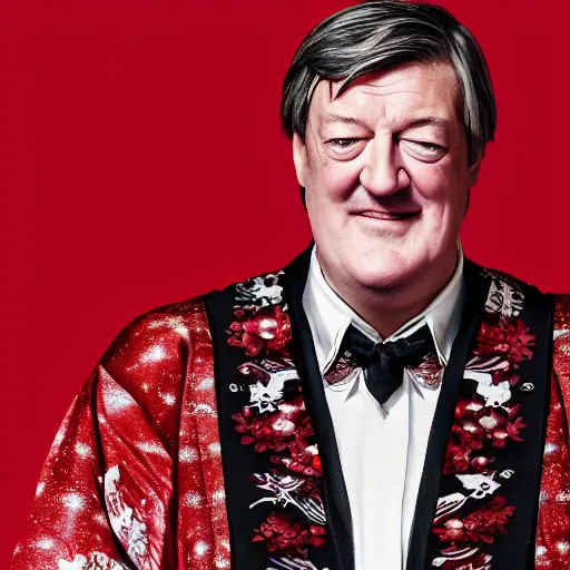 Image similar to Stephen Fry in a fancy kimono, unreal engine octane, red and white, portrait, glitter, depth of field, 8k, hyper detailed