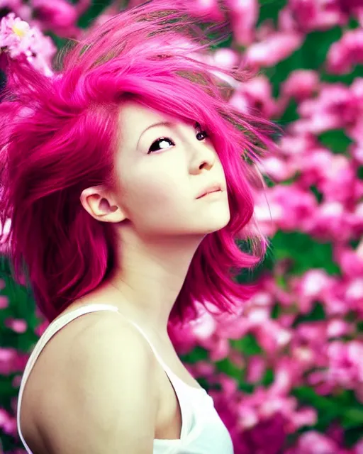 Image similar to beautiful girl, pink glowing hair, wind blowing, big eyes, cute, clear clean face, symmetrical face, blurry background, posing, high contrast, three quartered turned angle, surrounded by flowers