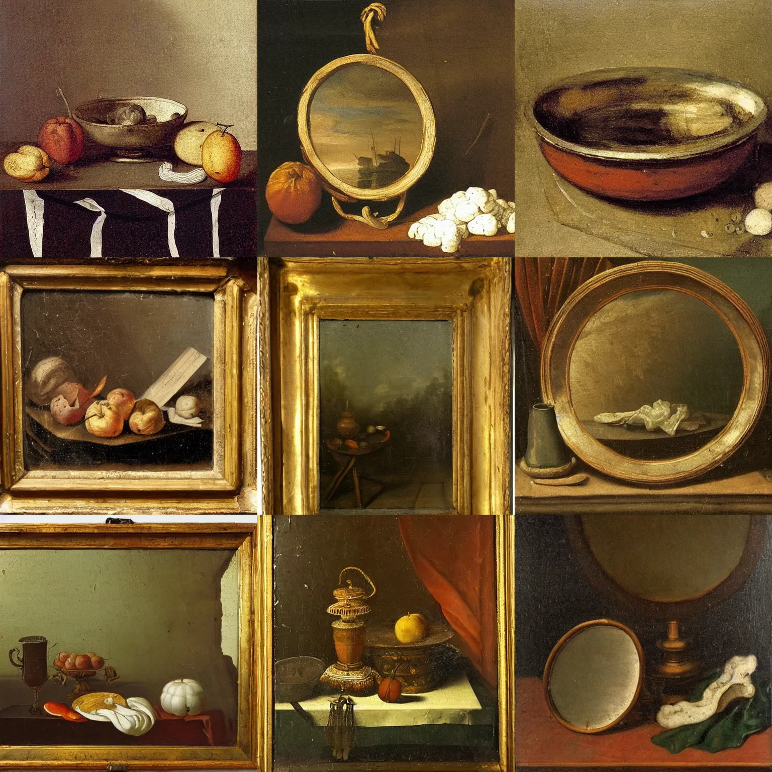 Prompt: Dutch Still Life from the 1600s, old oil painting: Cocaine lines on a mirror