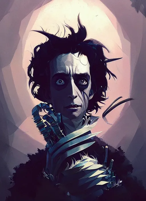 Prompt: dream highly detailed portrait of edward scissorhands, magnificent, photographic realistic background, by atey ghailan, by greg rutkowski, by greg tocchini, by james gilleard, by joe fenton, by kaethe butcher, trending on instagram, award winning details