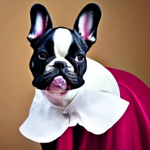 Image similar to professional stage photography of a french bulldog in an opera gown