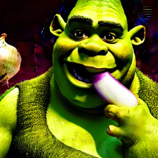 Image similar to a stock photo of shrek eating an onion, 8 k, ultra - realistic, white background, face cluse - up, studio lighting, low exposure