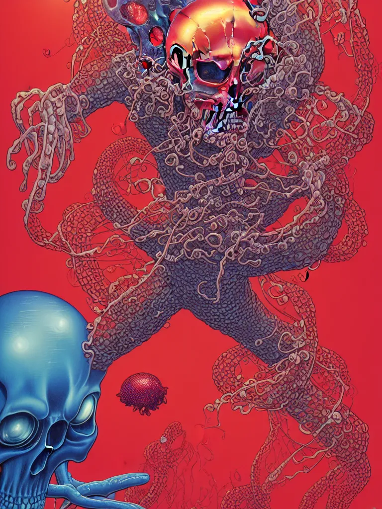 Prompt: a glowing red skull in the sea caught by a jellyfish by josan gonzalez and dan mumford and albrecht anker and miho hirano and ross tran and chiho aoshima, highly detailed, high contrast, pop art, comic shading, intricate details, blended color palette