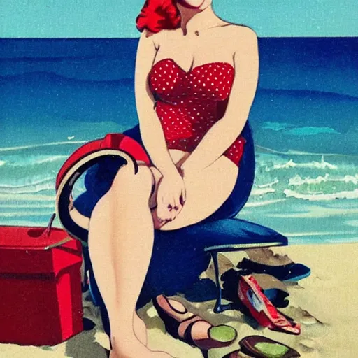 Image similar to Hilda at the beach, pin up illustration by Duane Bryers,