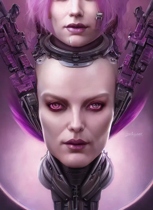 Image similar to a hyper detailed face portrait of a pale woman with purple hair in sci - fi cybernetic armor, diablo 4 lilith, sideshow figurines, by tom bagshaw, artgerm, dorian cleavenger, greg rutkowski, wlop, astri lohne, zdzisław beksinski trending on artstation