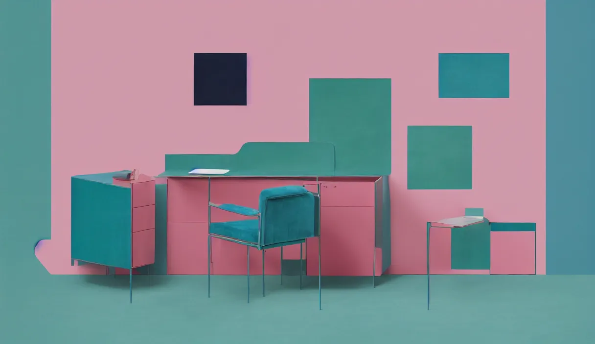 Image similar to a minimal 7 0 s prisunic catalog with the indoor office of severance series ( 2 0 2 2 ), in color, all furniture in pink velvet, soft clear green, blue navy and metal