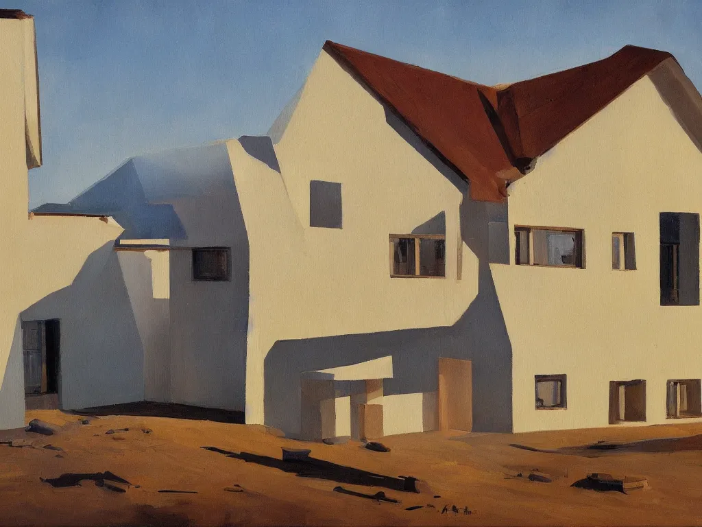 Prompt: painting of a house in the altiplanic plain designed by alvar aalto, amazing lighting, oil painting, highly detailed