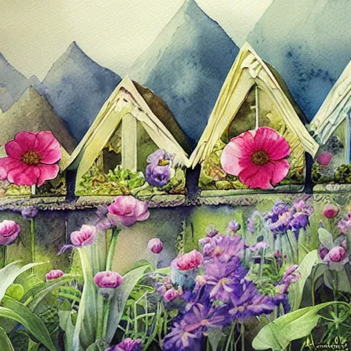 Image similar to watercolor flower houses in a serene landscape by anna dittmann, by marco mazzoni